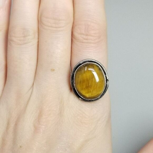 Vintage Brown Tigers Eye Oval Cabochon Ring, Size 7 Silver Tone Bezel Set Band - Picture 7 of 8